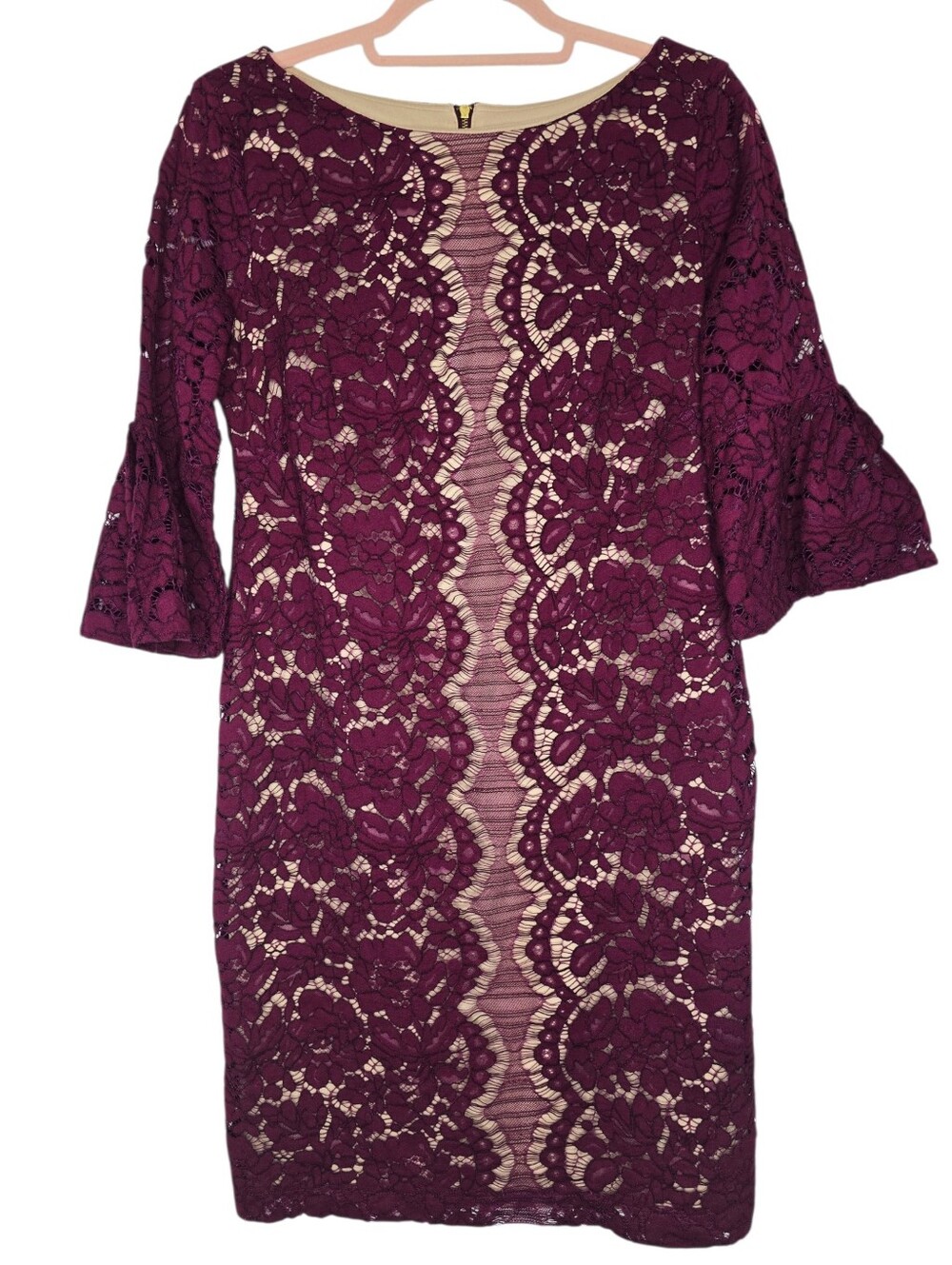 Danny & Nicole fitted lace dress featuring flare 3/4 sleeves